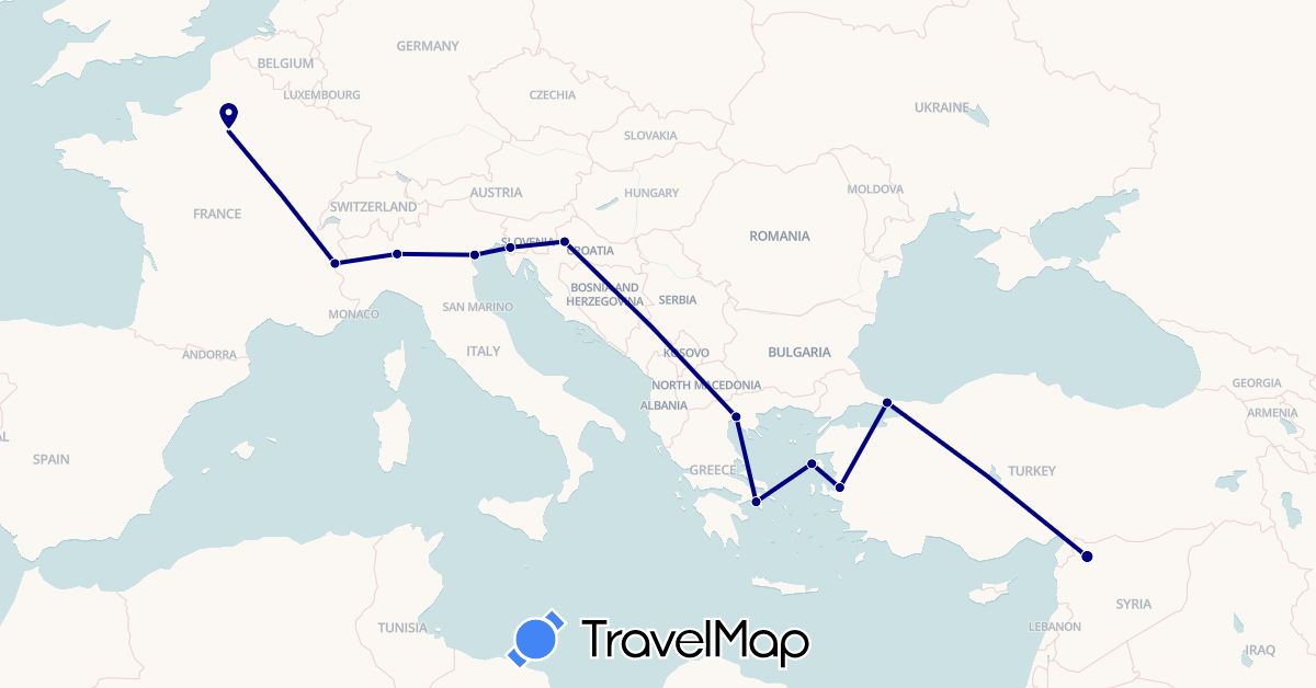 TravelMap itinerary: driving in France, Greece, Croatia, Italy, Syria, Turkey (Asia, Europe)